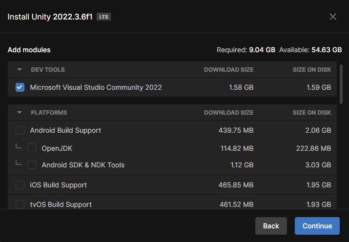 Unity "Installationsdetails" popup