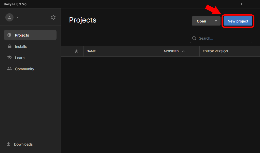 Unity Hub, "create new Project" button