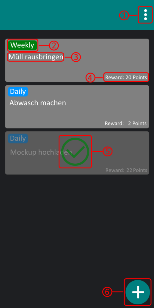 Mockup: Übersicht der Quests für die Android App